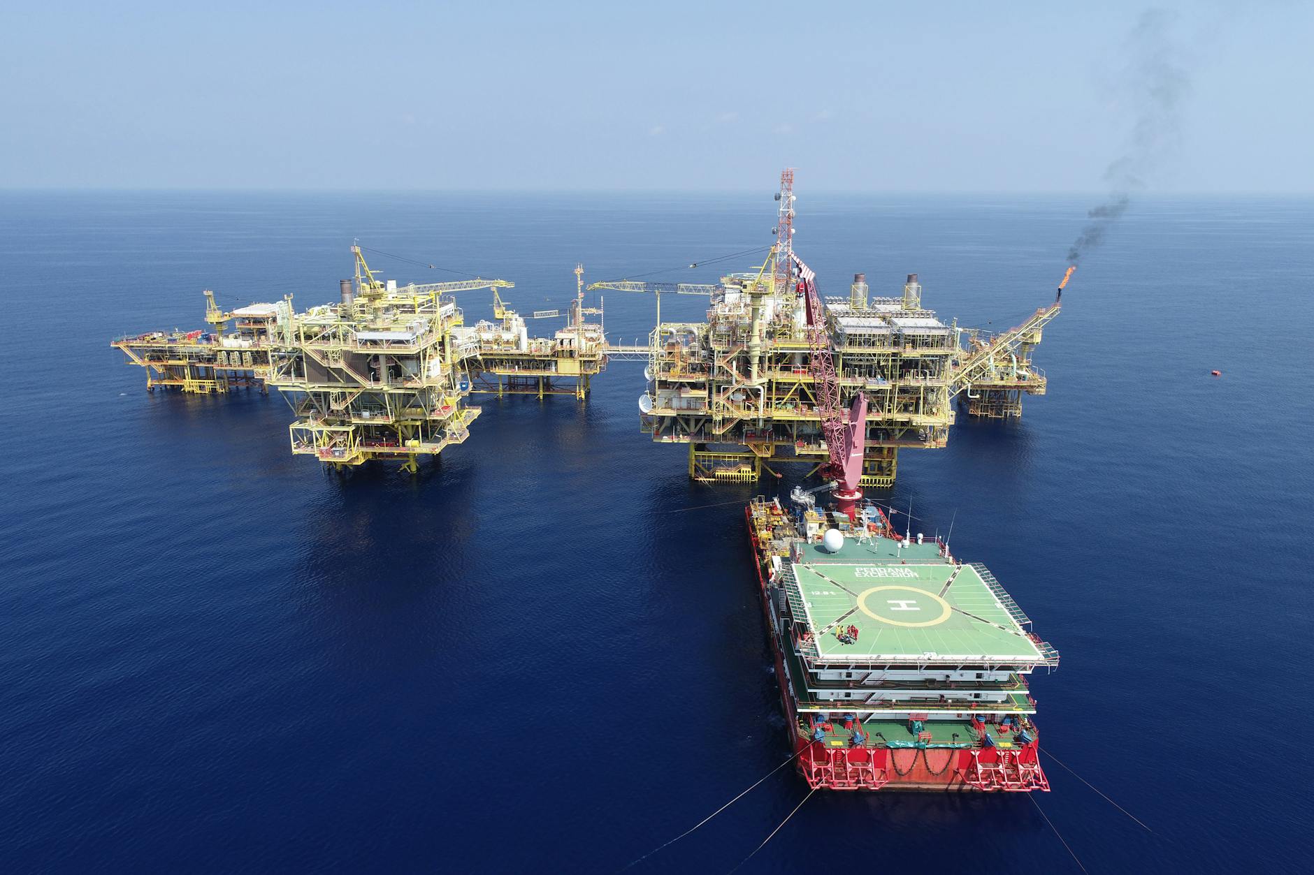 aerial view of oil rig out at sea