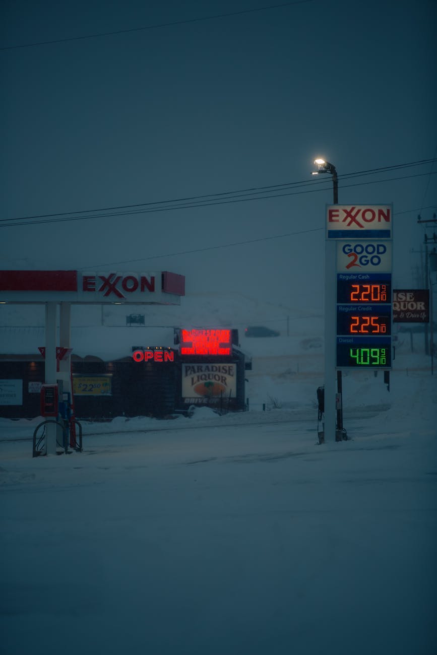 gasoline station covered in snow