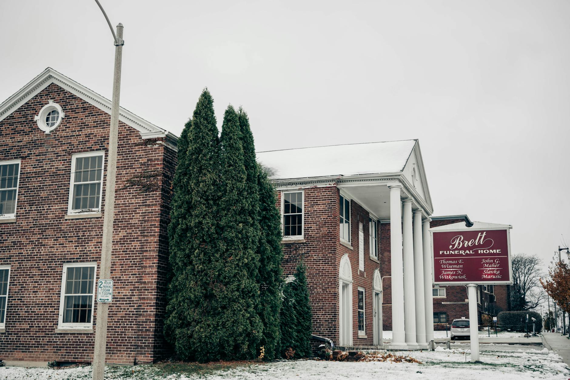 winter view of brett funeral home in milwaukee