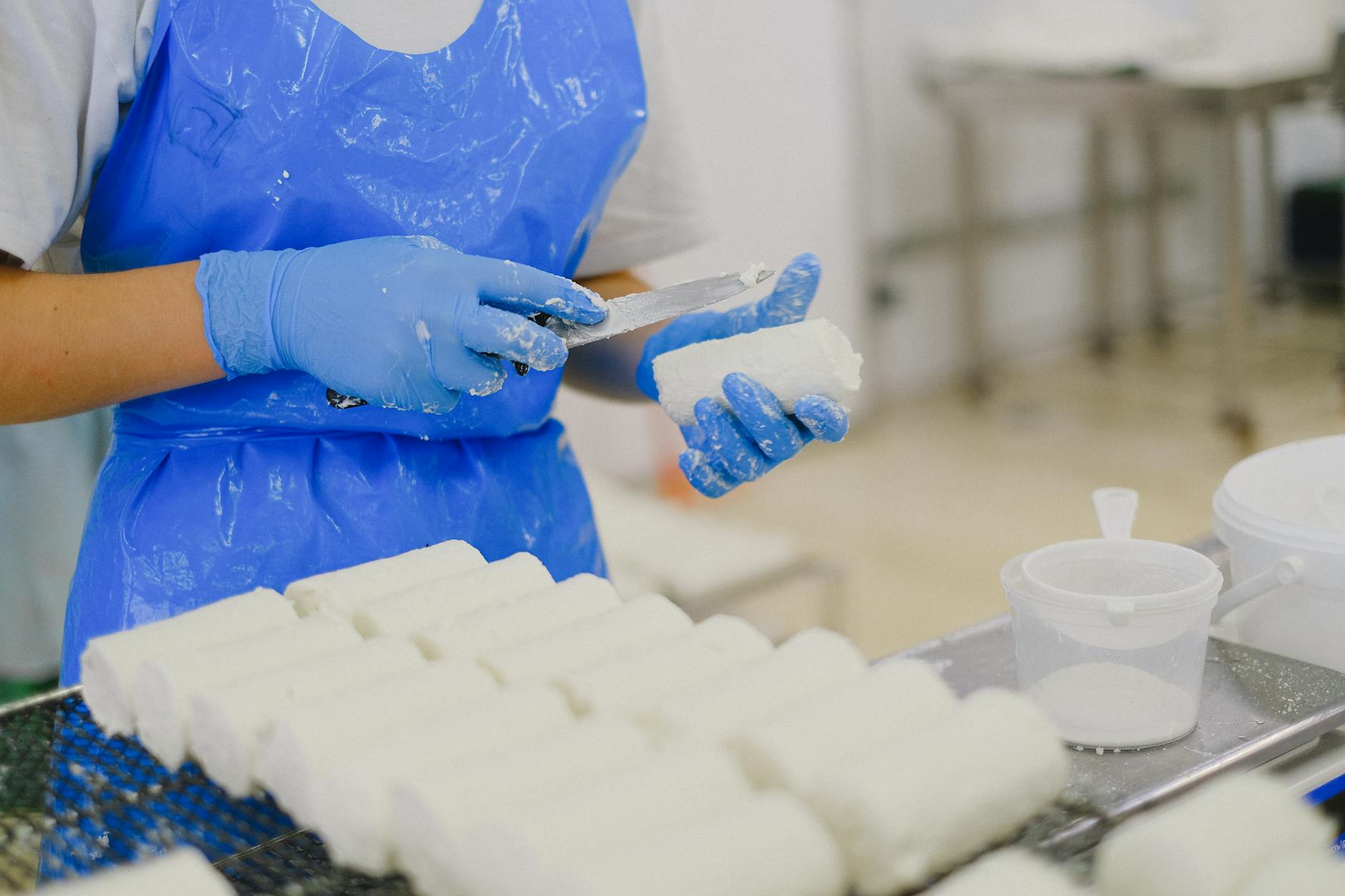 woman in uniform working on food industry factory