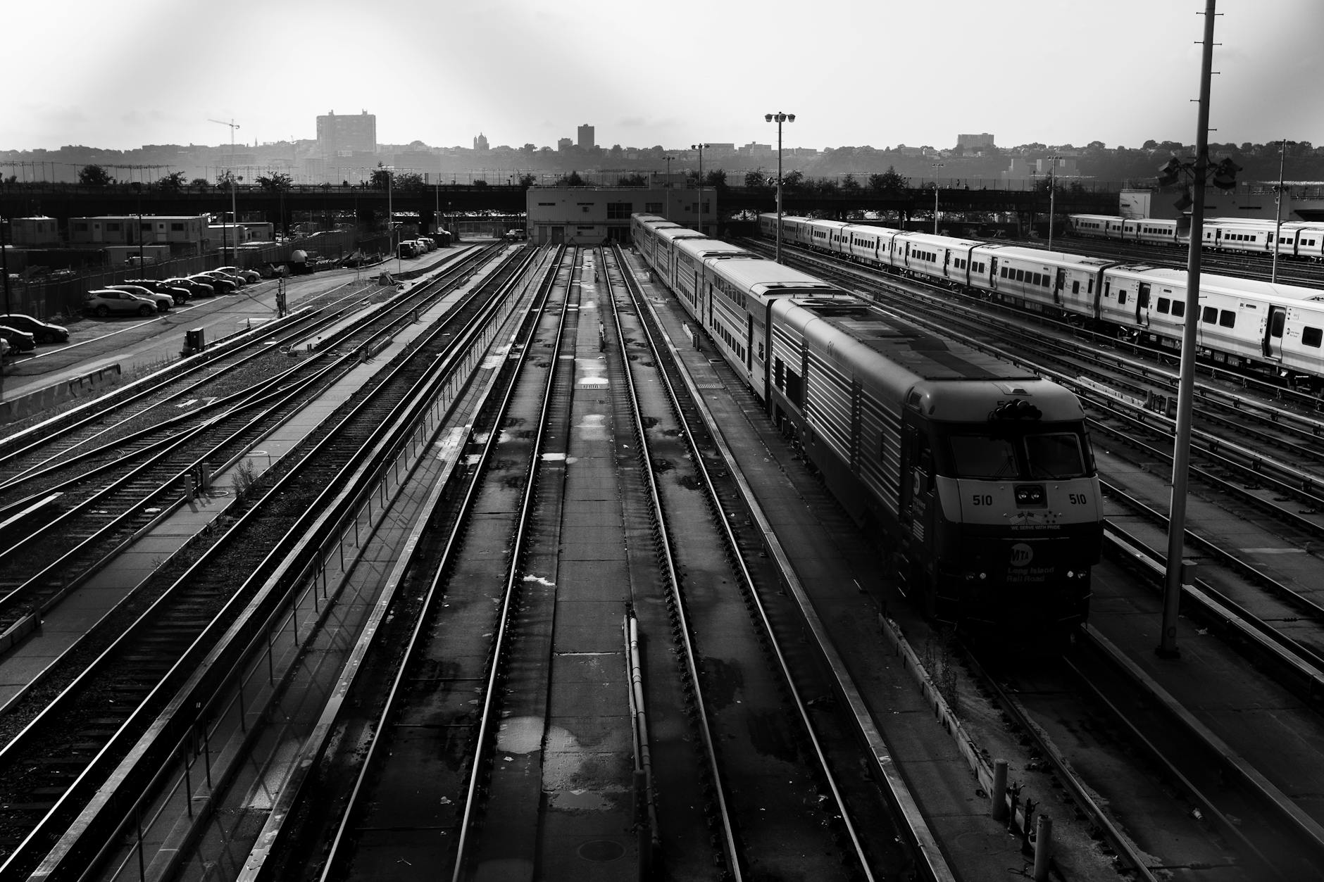gray scale photo of train